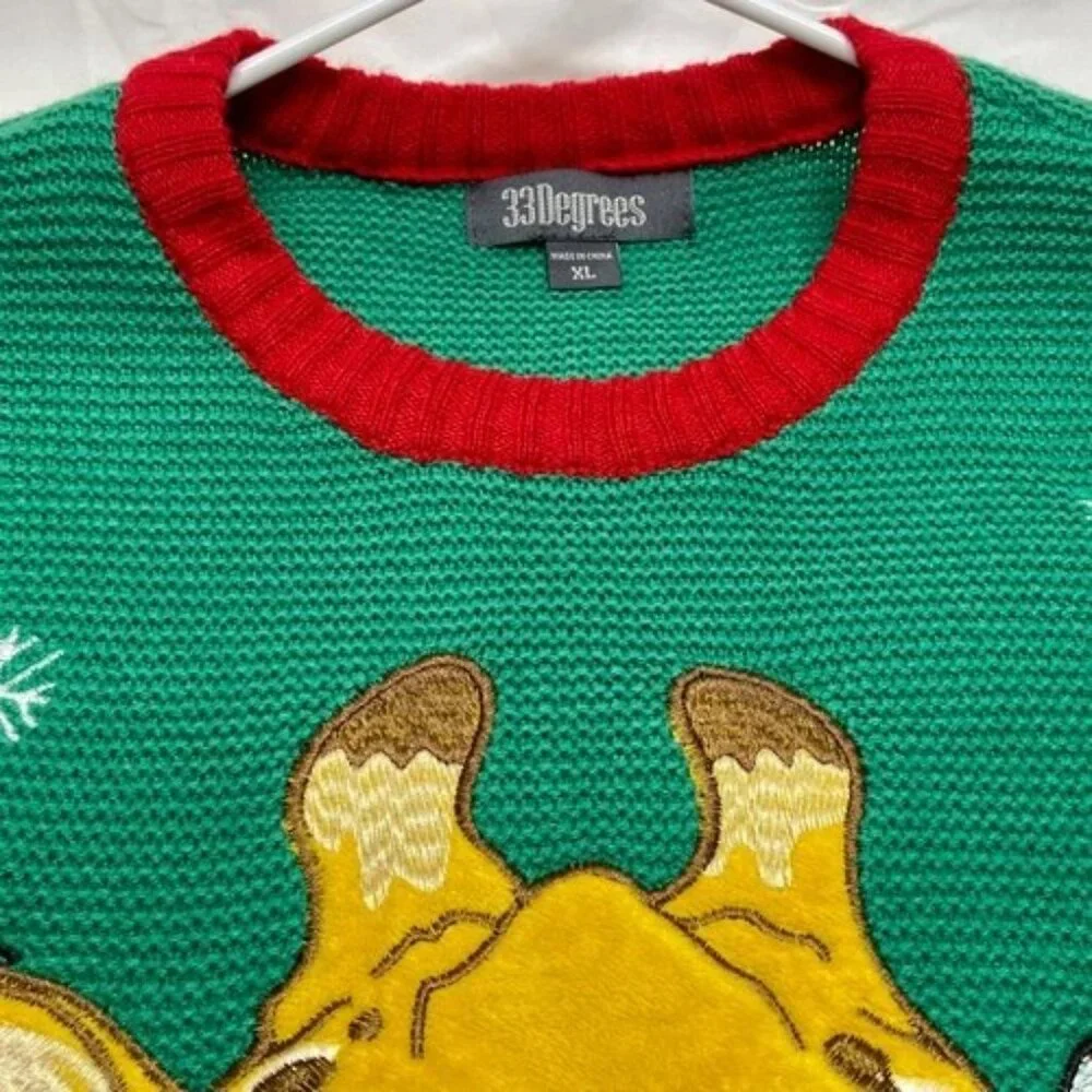 33 Degrees Christmas Sweater Men's XL Multicolor + Giraffe Scarf Beverage Pocket